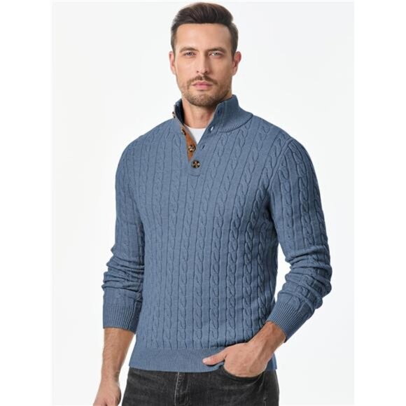 NEW Men's Cable Knit Pullover Sweater Casual Long Sleeve Stand Collar - Picture 6 of 6